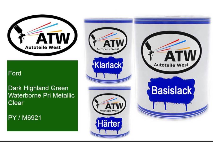 Ford, Dark Highland Green Waterborne Pri Metallic Clear, PY / M6921: 1L Lackdose + 1L Klarlack + 500ml Härter - Set, von ATW Autoteile West.